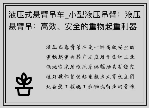液压式悬臂吊车_小型液压吊臂:液压悬臂吊:高效、安全的重物起重利器